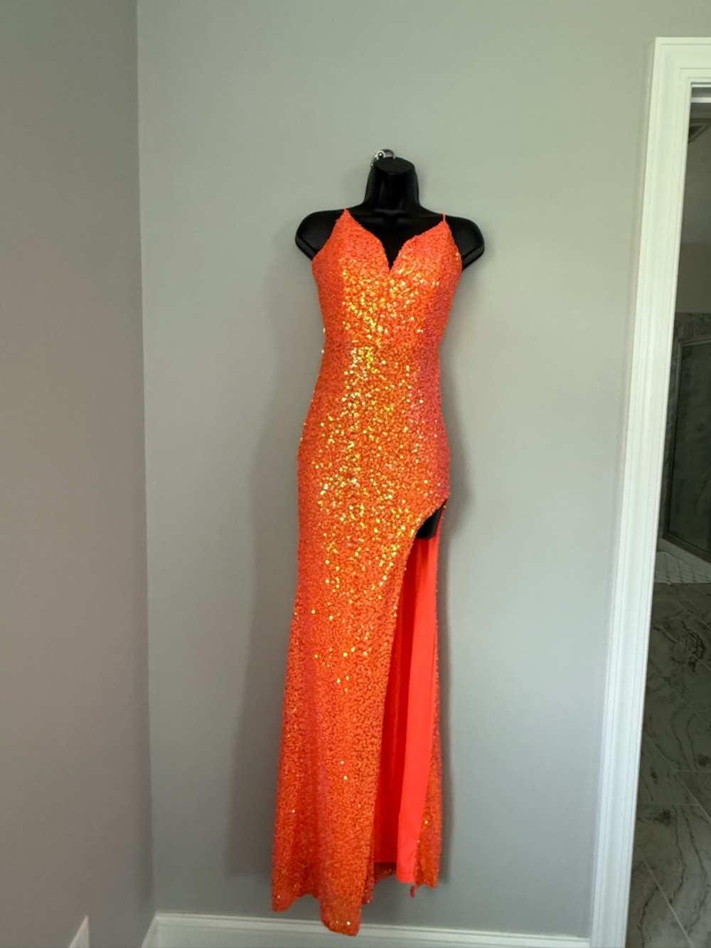 Crystal Doll Orange Sequin High-Slit Prom Gown